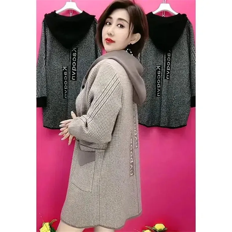 Mother\'s Spring Autumn Coat Female With Long Foreign Hnitted Hooded Jackets For Middle-Aged Elderly Women\'s Cardigan Outerwear