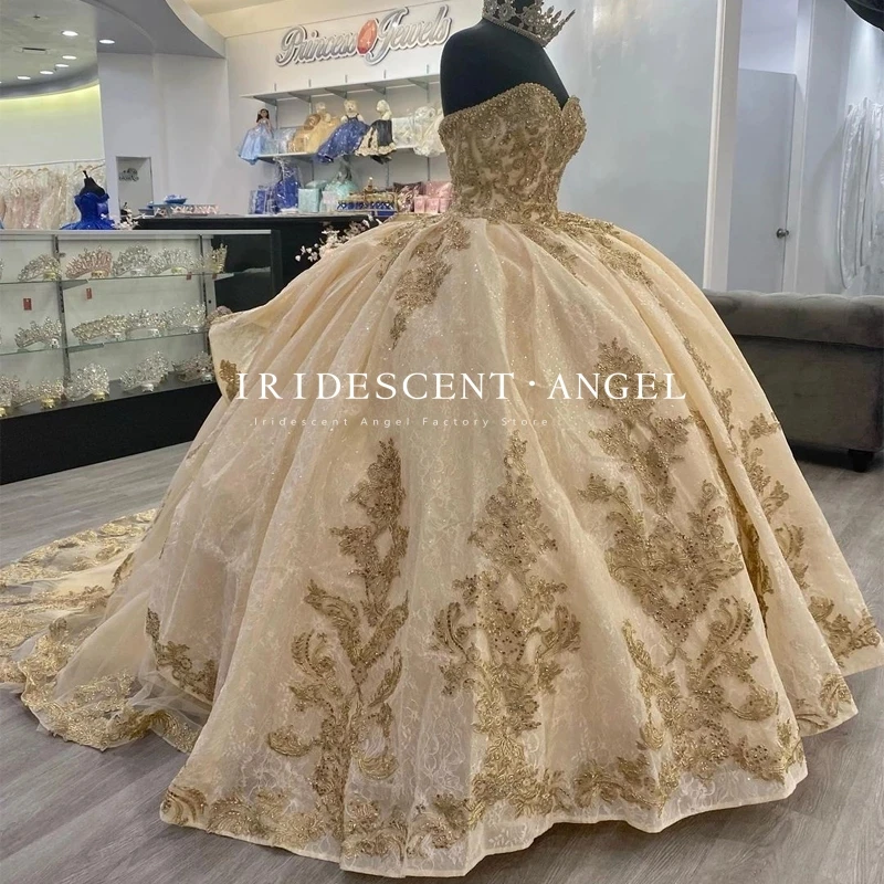 ชุดไปงานเต้นรำแชมเปญแบบมีสีรุ้งชุดเดรส vestido de 15 años quinceanera ประดับด้วยลูกปัดประดับเลื่อมงานปาร์ตี้ของเด็กผู้หญิง