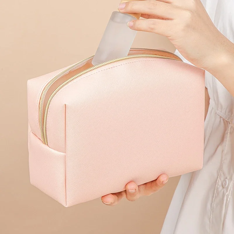 Travel Portable Wash Toiletry Storage Bag Solid Color Makeup Pouch Women Cosmetic Bag Waterproof PU Leather Organizer Purse