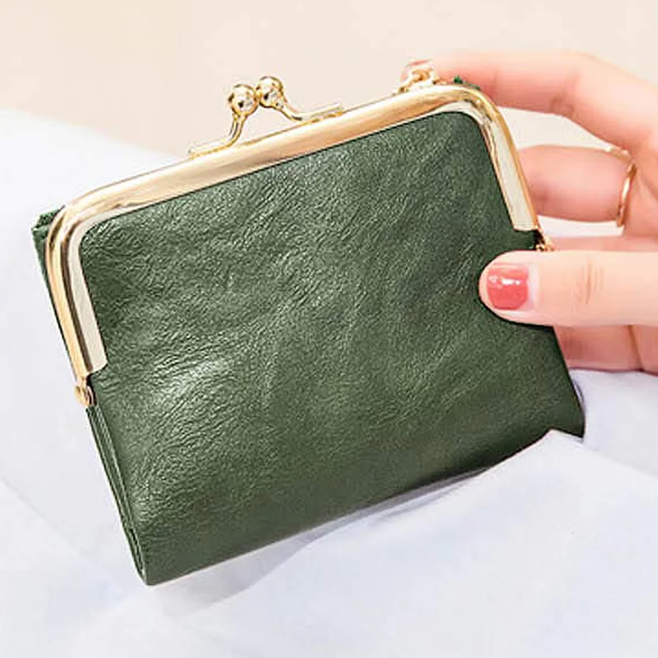 Retro Kiss Lock Leather Wallet Women Multi-card Slot Double Fold Coin Purse Multifunctional Card Bag
