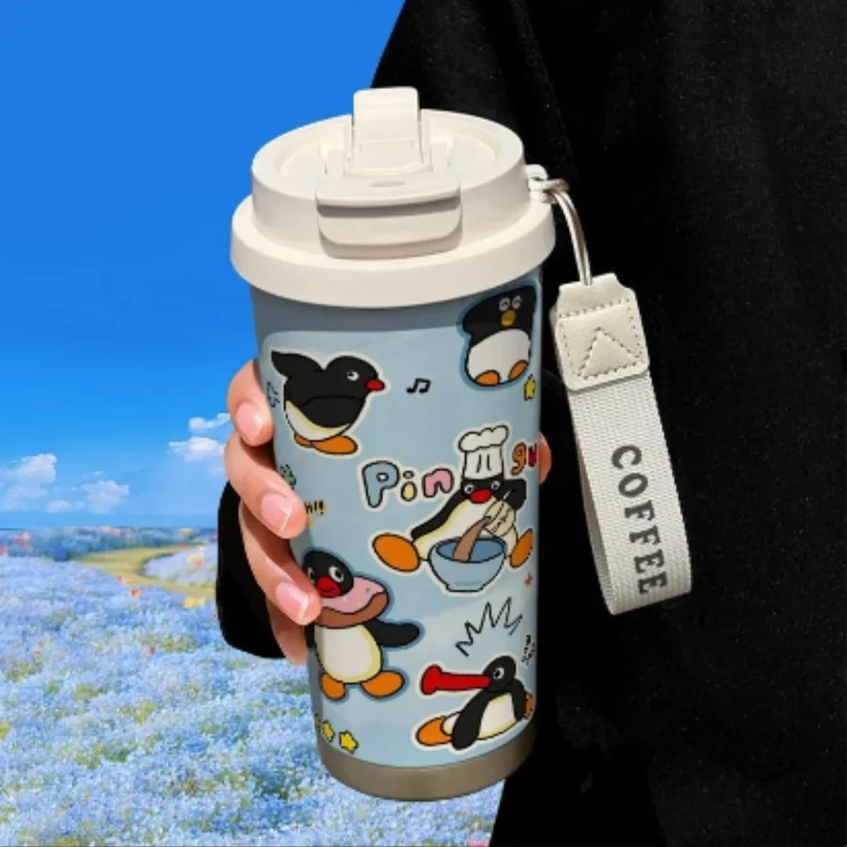 أنيمي Pingu كوب قارورة عازلة الكرتون لطيف فنجان القهوة سعة كبيرة مياه الفولاذ المقاوم للصدأ كوب المحمولة كوب ماء القش هدايا الطلاب #4