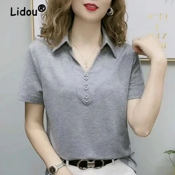 Women's Clothing Summer Korean Style Cotton Polo Collar Tees All Match T-shirts Solid Color Short Sleeve Casual Office Lady Tops