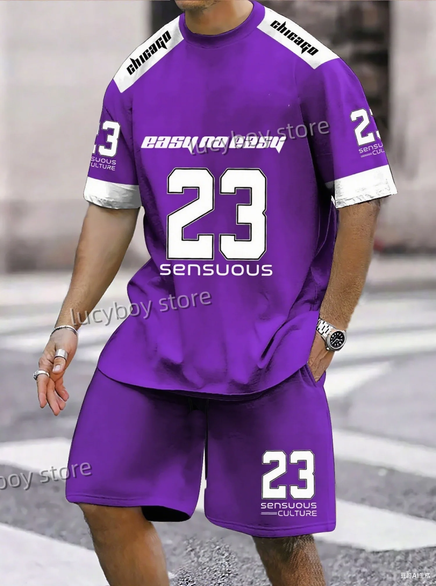 Summer Men EASY TO EASY 23 Print Set Short Sleeve T-Shirt Shorts Set Adult Sport Jogging Plus Size Tracksuit 2 Piece Set
