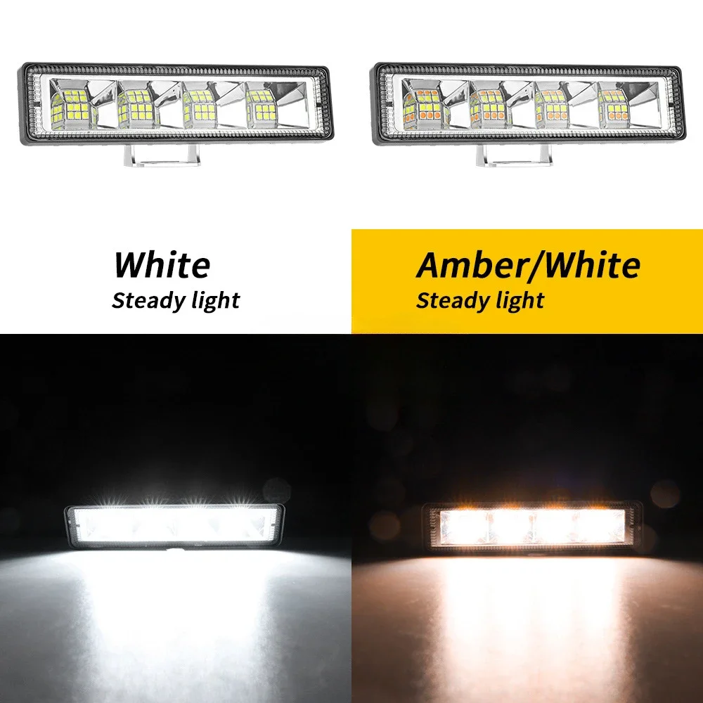 Bande de feux de travail à LED bicolore, 24LED, barre antibrouillard, blanc et jaune, lampe à iode fendue de 6 pouces, éclairage de voiture