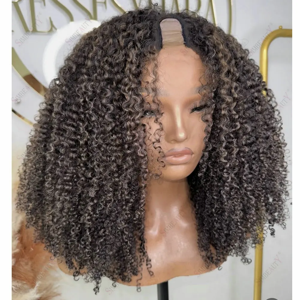 Hightlight Kinky Curly Black Women's 1x4 U Part Wigs Human Hair Glueless 1x4 Size V Shaped Wigs Human Hair with Clips Easy Wear
