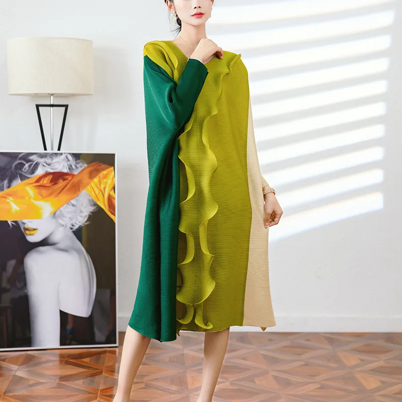 

miyake pleated American station fashion dress 2022 autumn loose thin vintage meat-cover skirt for women