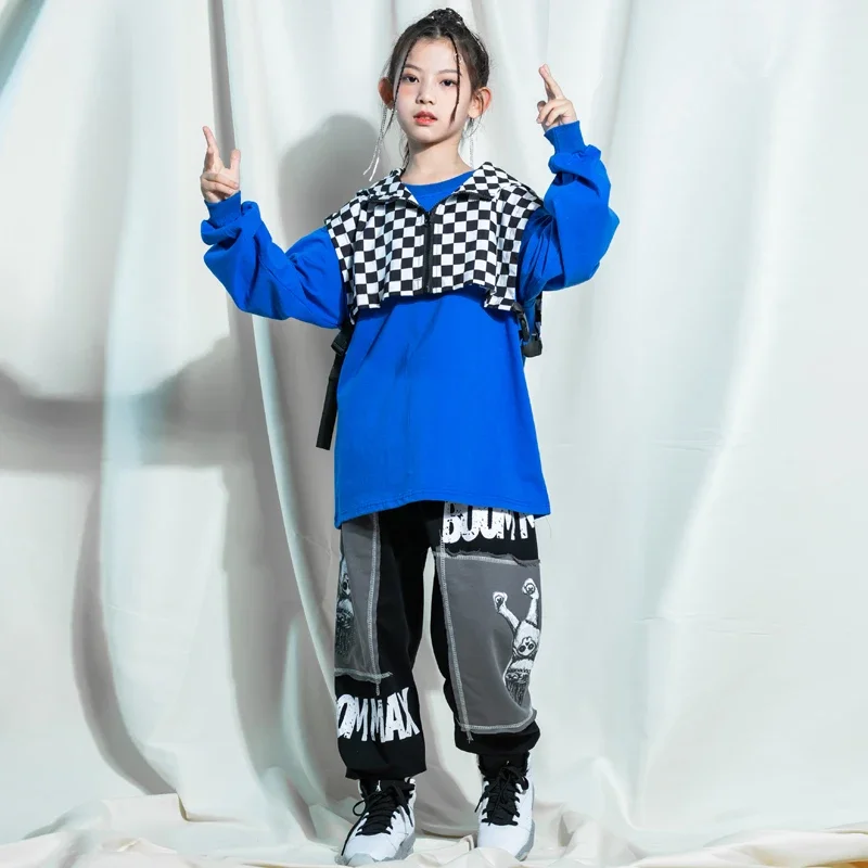 Girl Boy Jazz Dance Costume Clothes Kids Teenage Street Wear Hip Hop Clothing Blue Sweatshirt Hoodie Vest Tops Joggers Pants For