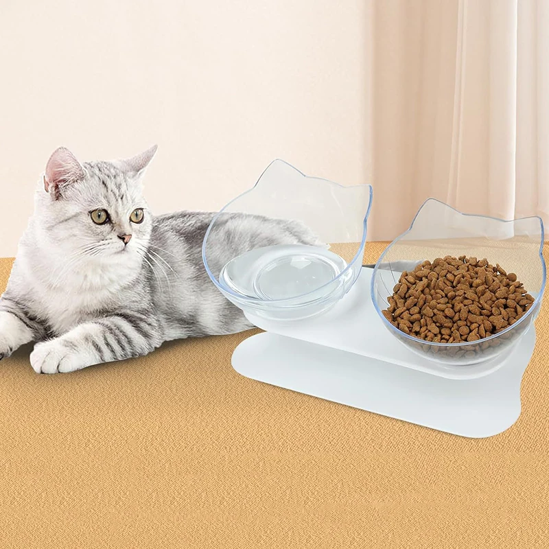 Cat Bowl Elevated, 15° Tiltle Neck Guard Cat Feeder Bowl with Stand, Raised Cat Dishes for Food and Water, Bowls for Cat