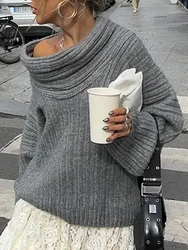 Off Shoulder Sweater Women Vintage Fashion Knitted Pullover Female Oversized Loose Slash Neck Jumper Casual High Street Knitwear