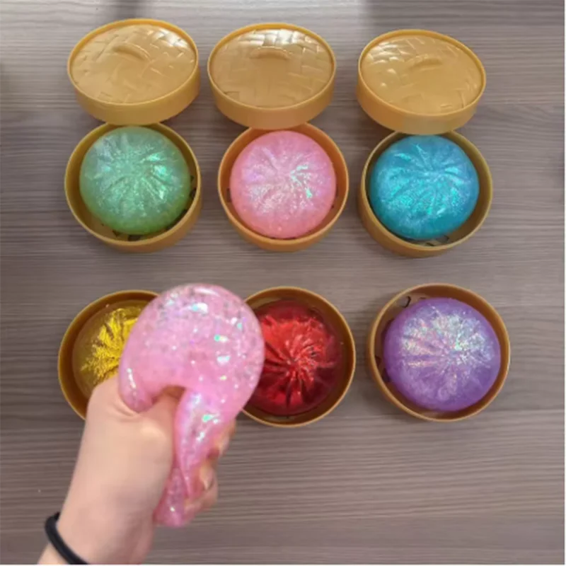 Simulation Dumpling Squishy Rebound Soft Squeeze Stress Ball With Bamboo Steamer Box Anti-Stress Toy Sensory For Creative Gift