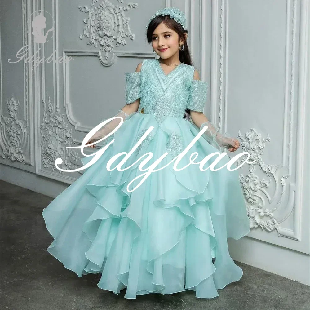 Applique Luxury V Neck Classic Wedding Party Flower Girl Dress Short Sleeve Pleat Long Ball First Communion Gown Customized