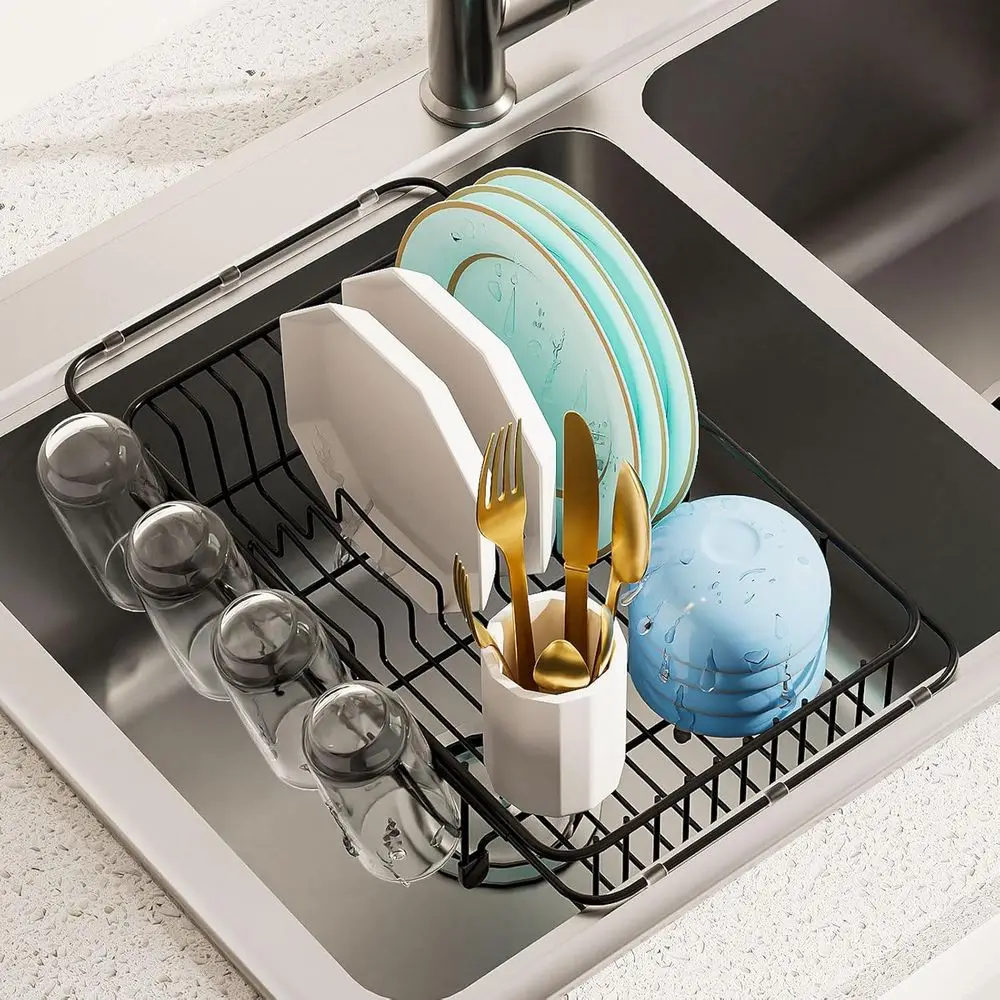 

Dish Drying Rack in Sink Expandable StainlSteel Kitchen Dish Drainer with 4 Cup Holders, Black articulos para el hogar