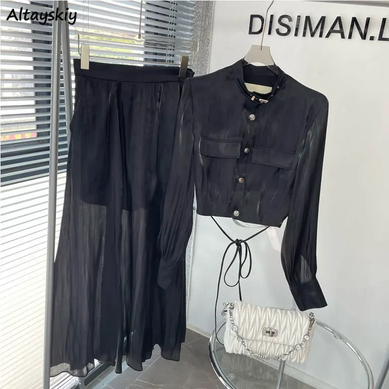 Women Sets Shirt Thin Comfortable Solid Minimalist Skirt A-line Leisure All-match High Waist Popular Female Korean Style Summer