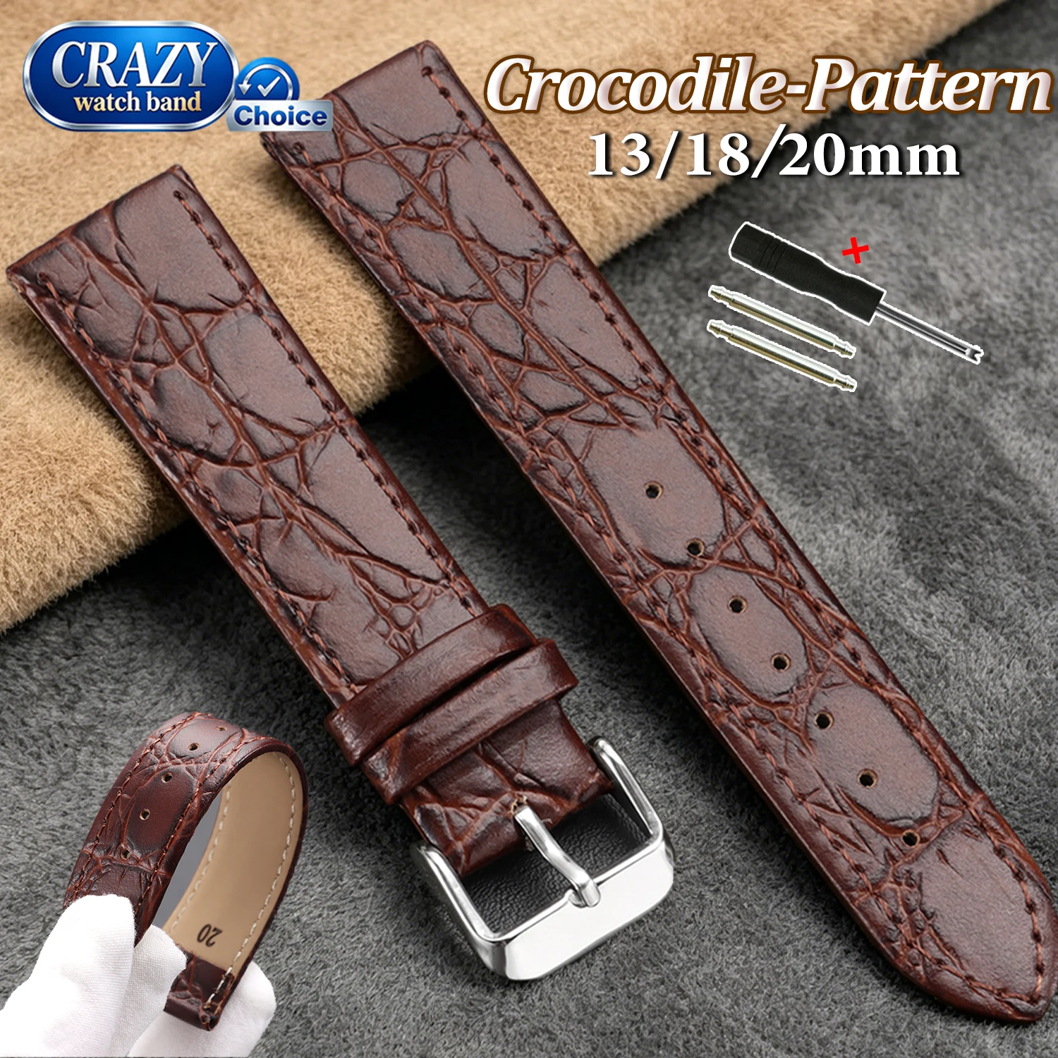 Correa de reloj de cuero mate con relieve de cocodrilo para Casio y Longines, 20mm, 18mm, 13mm, correa de repuesto para hombre y mujer, marrón, estilo ejecutivo