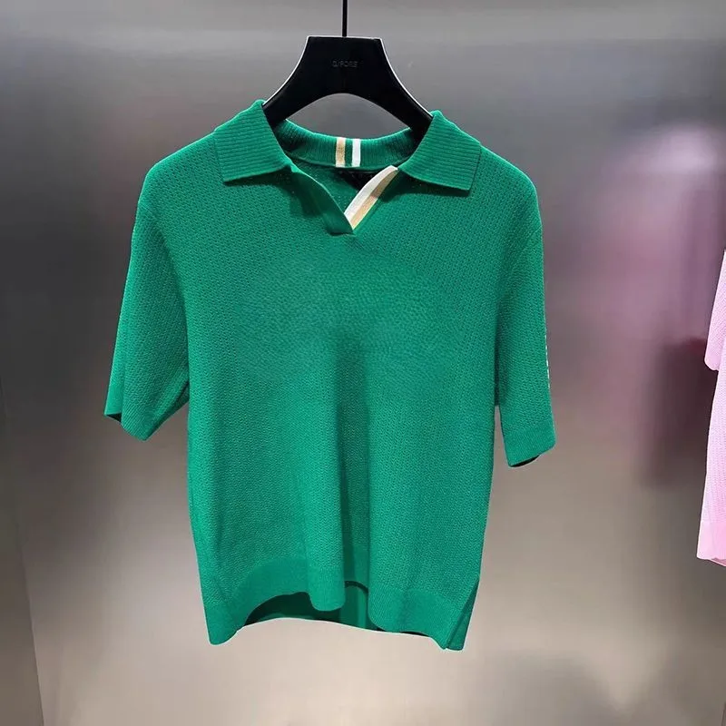 

New Women's Cooling Knit Polo Shirt: Breathable Short-Sleeve Top, Stretchable, Sporty, Casual, and Versatile