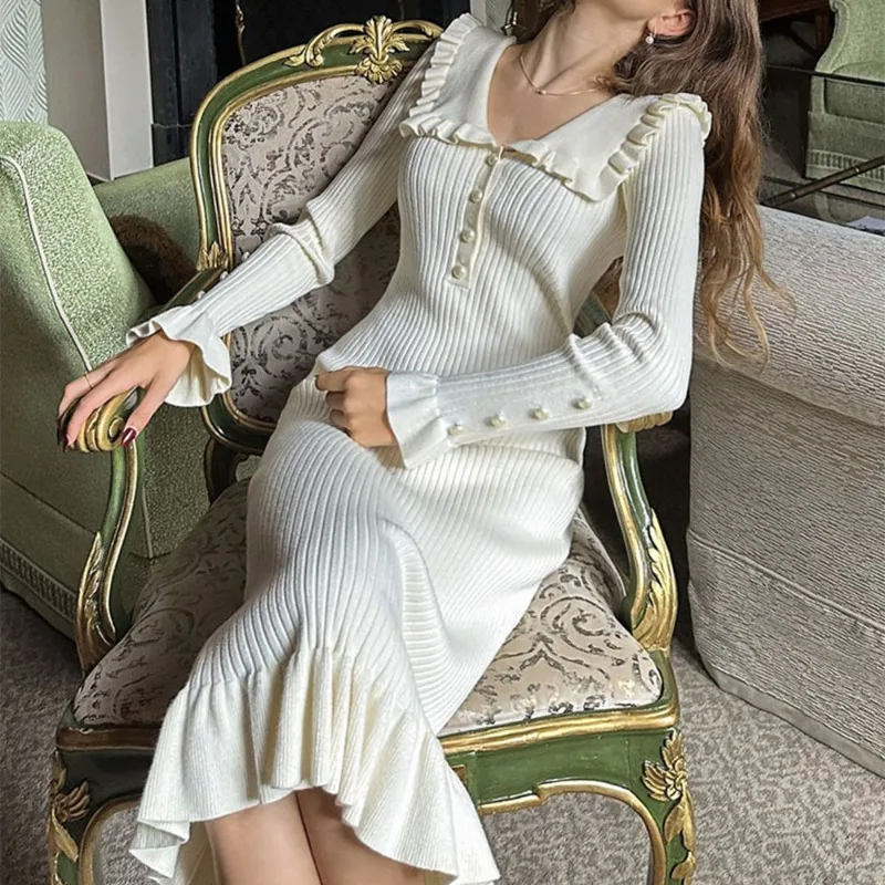 Talenza Elegant Knitted Ruffle Long Dress Women's Retro Evening Dress Patchwork Long Sleeve Slim High Waist Knitted Long Dress