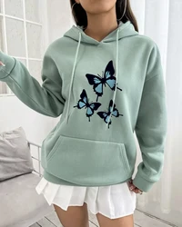 Hirsionsan motyle wydruk graficzny bluzy damskie szykowne z długim rękawem Oversized bluza damska Streetwear damskie ubrania z polaru