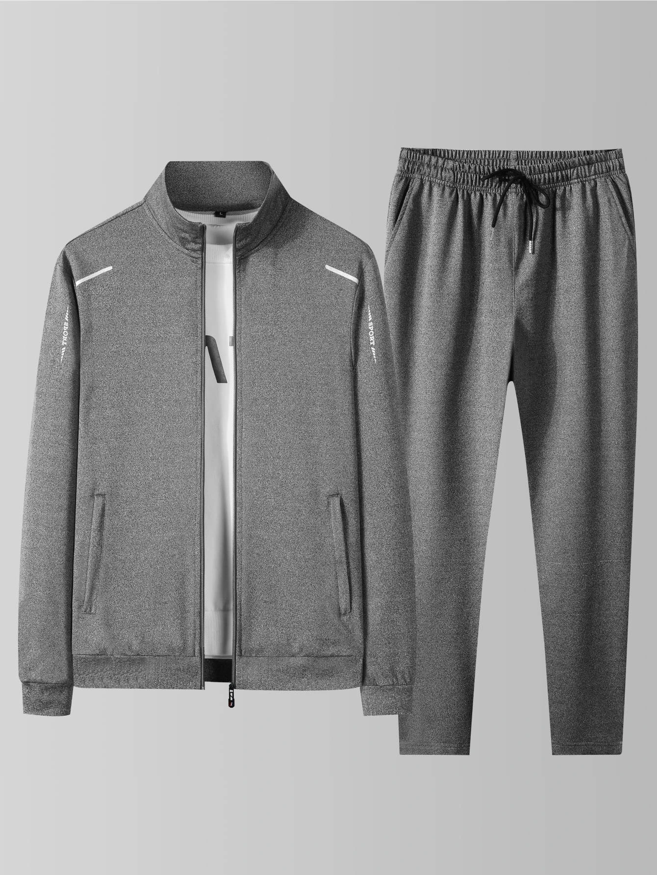 Men's Casual Sportswear Set, Spring and Autumn Stand-Up Collar Open Jacket, Elastic Waist Pants, Two-Piece Set, Fashionable Runn