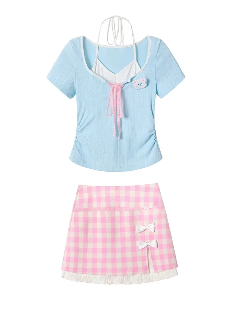 Sweet Dopaamine Women's Summer Short Sleeve T-Shirt And Halter Neck  Skirt Two-Piece Set Pastel Checkered Print Office Ca... view 2