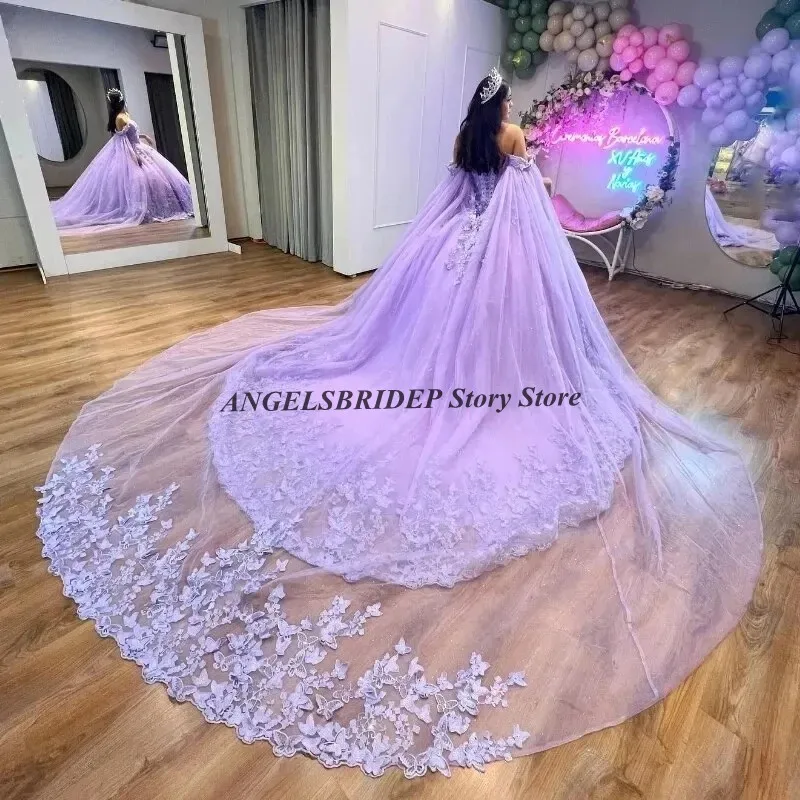 ANGELSBRIDEP ลาเวนเดอร์ 3D ผีเสื้อ Quinceanera กับ Cape ลูกปัดลูกไม้ Vestidos De 15 Anos วันเกิด Party Gowns ที่กําหนดเอง