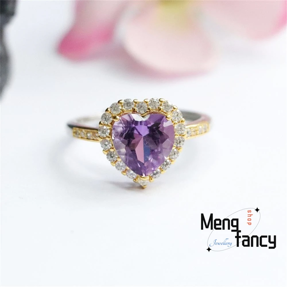 

Natural S925 Silver Amethyst Cordate Exquisite Elegant Adjustable Ring Exquisite High-grade Couple Promise Fashion Fine Jewelry