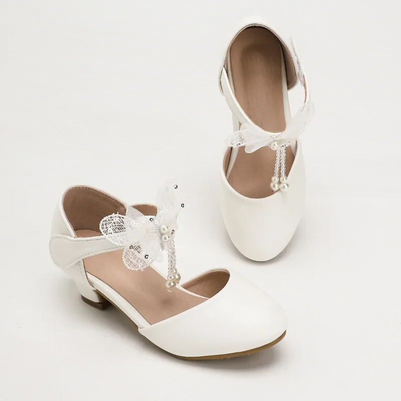 New Kids Mary Jane Sandals Elegant Pearl Lace Bow Children Princess Dress Shoes Catwalk Non-slip Perform Girls High Heel Sandals