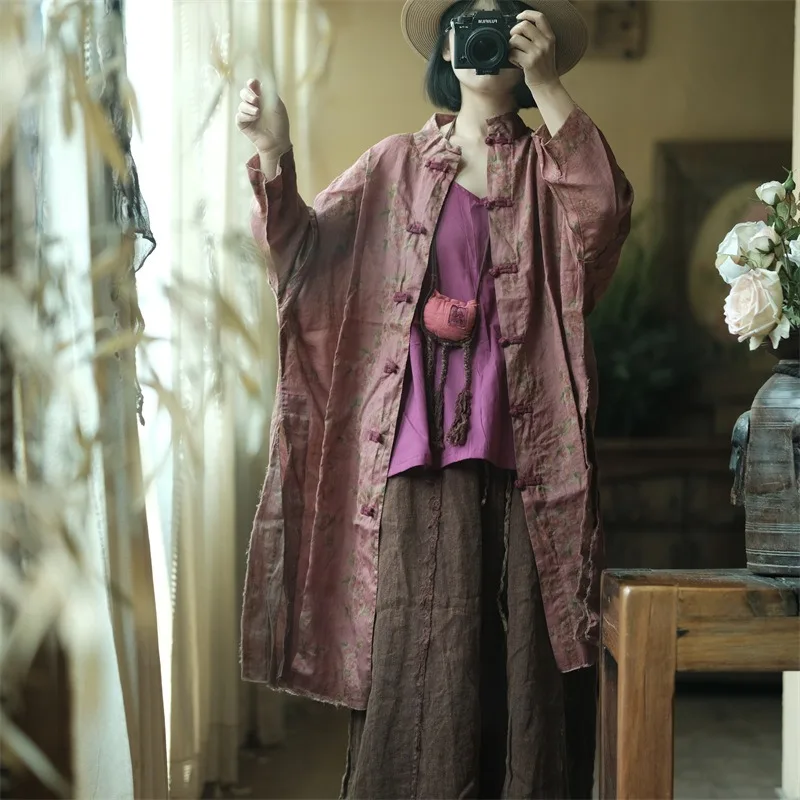 Oversized Long Shirts Woman Long Sleeve 100%Ramie Linen Tops Femme Loose Fit Shirt Floral Printed Batwing Sleeve Vintage Blouse