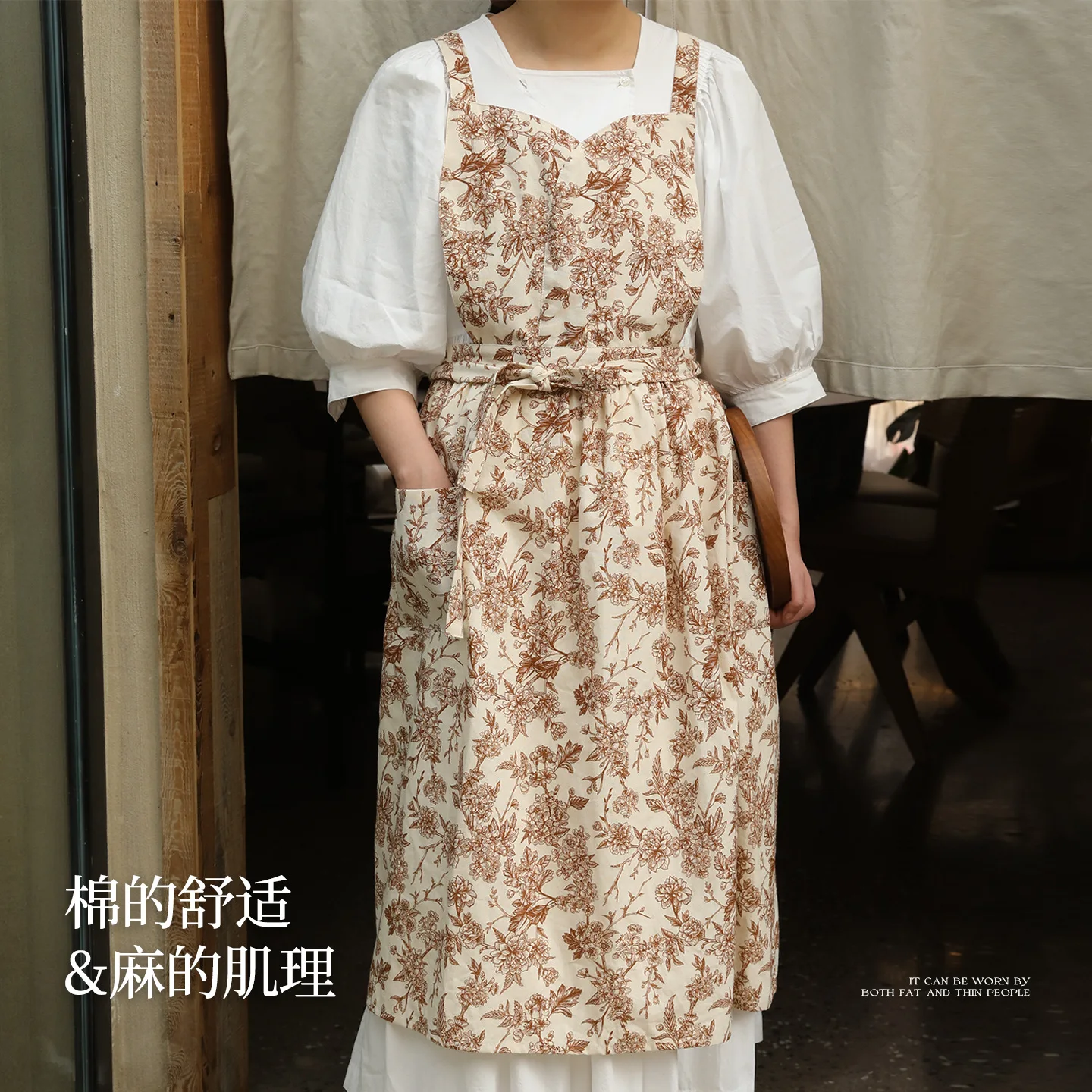 Japanese Korean Kitchen Apron Skirt Cotton Linen Vintage Floral Pattern Apron for Home Gardening Works Cross Back Pinafore Dress