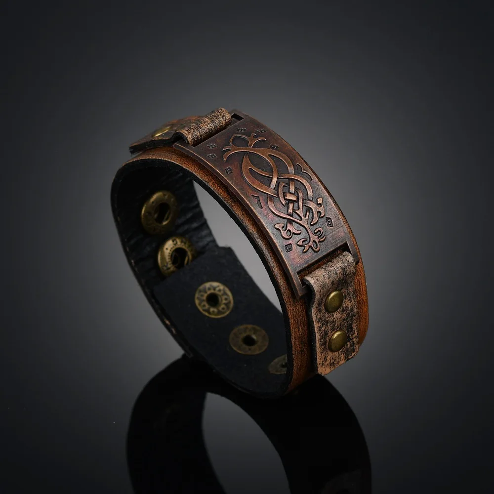 Men Roman Force Bracelet Vintage Wristband Cool Wide Decoration Charm Gifts Bronzed Retro Leather Snap Bangles Suitable Apparel