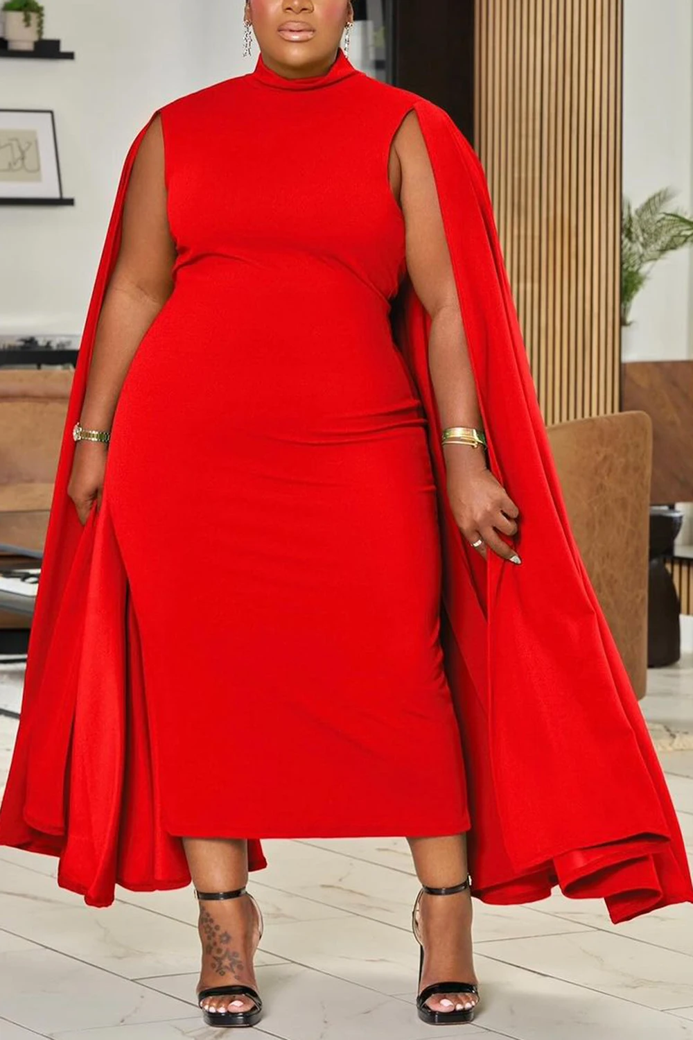 

Plus Size Cocktail Party Red Mock Neck Cape Sleeve Long Sleeve Split Midi Dresses