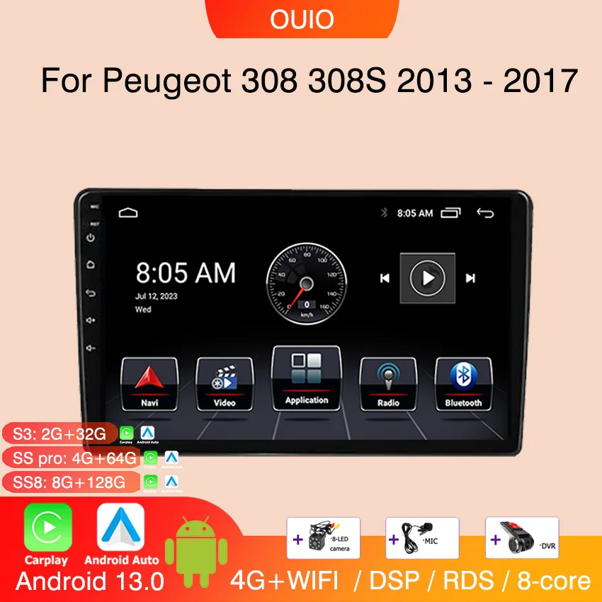 

8GB+128GB 4G Android 13 Radio For Peugeot 308 T9 308S 2013 - 2017 Car stereo Multimedia Player Carplay Auto GPS navigation 2DIN