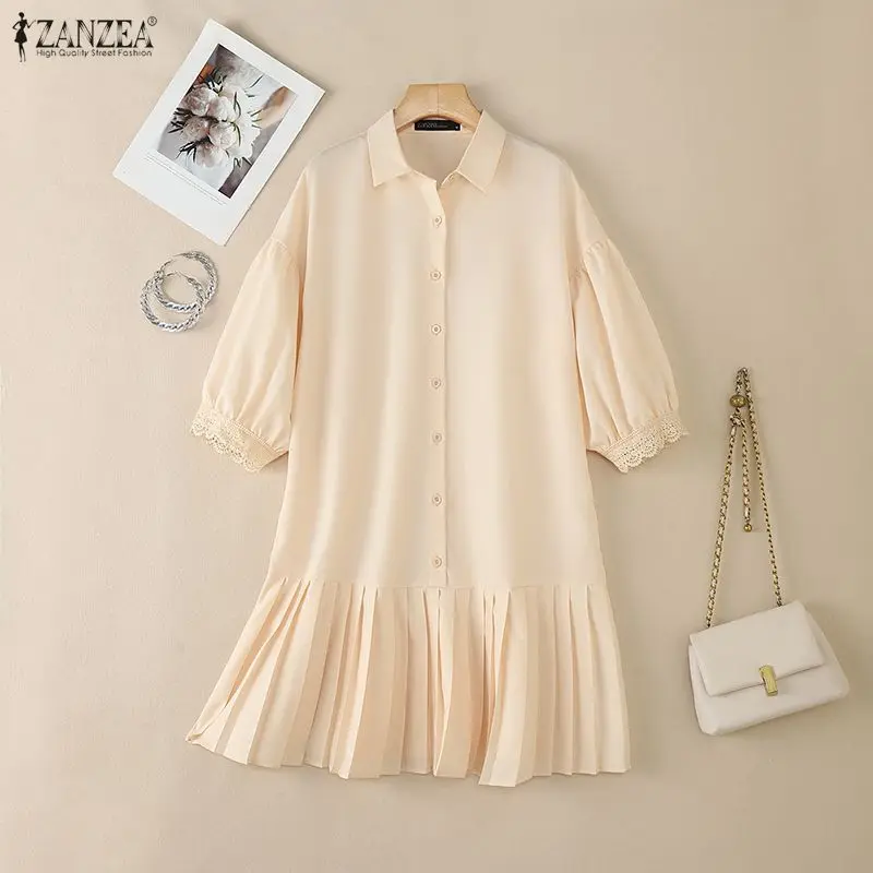 ZANZEA-vestido plisado hasta la rodilla para mujer, vestido con encaje y patchwork, camisa con mangas 3/4, vestido de verano con cuello vuelto, vestidos para mujer