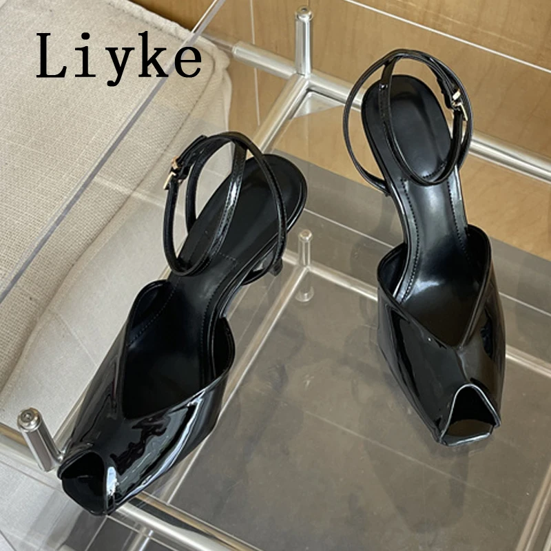 Liyke Designer High Heels Gladiator Sandals Women Summer Cozy Patent Leather Peep Toe Buckle Strap Ladies Party Dress Shoes Red