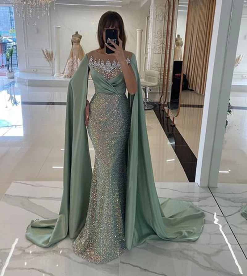 LORIE Mermaid Evening Dresses Modern Satin Scoop Prom Dresses With Cape Sleeves Vestidos De Fiesta Elegantes Para Mujer 2023