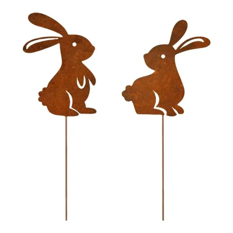 

ABLQ Iron Easter Garden Stakes Cute Rusty Bunny Yard Signs Plant Pot Sticks For Outside Patio Lawn Outdoor Decorations