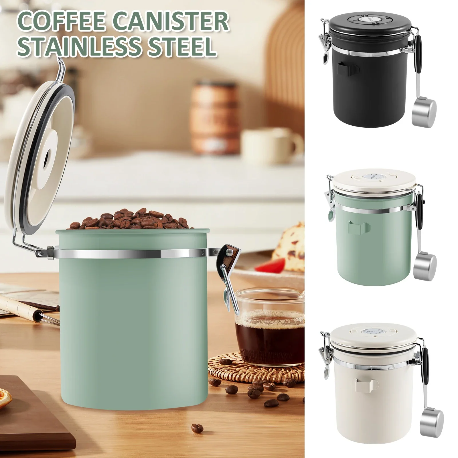 

1.5L Coffee Bean Vacuum Sealed Tank 304 Stainless Steel Coffee Storage Can with Spoon for Kitchen Grain Tea Nut Organizer NEW