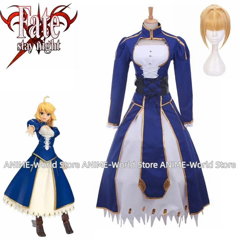 

Anime Fate Stay Night Saber Blue Dress Cosplay Costume Wig Halloween Customized Any Size