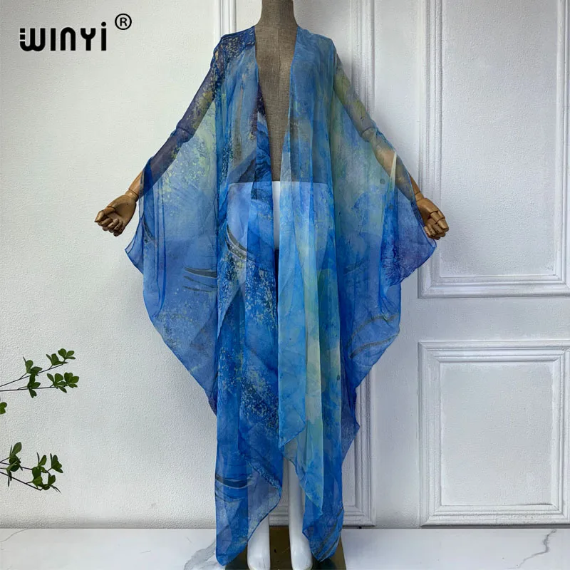 WINYI Boho Print Kimono Bikini Cover-ups Elegant Maxi Dress Perspective sexy Holiday Beach Outfits for Women Free Size Cardigan