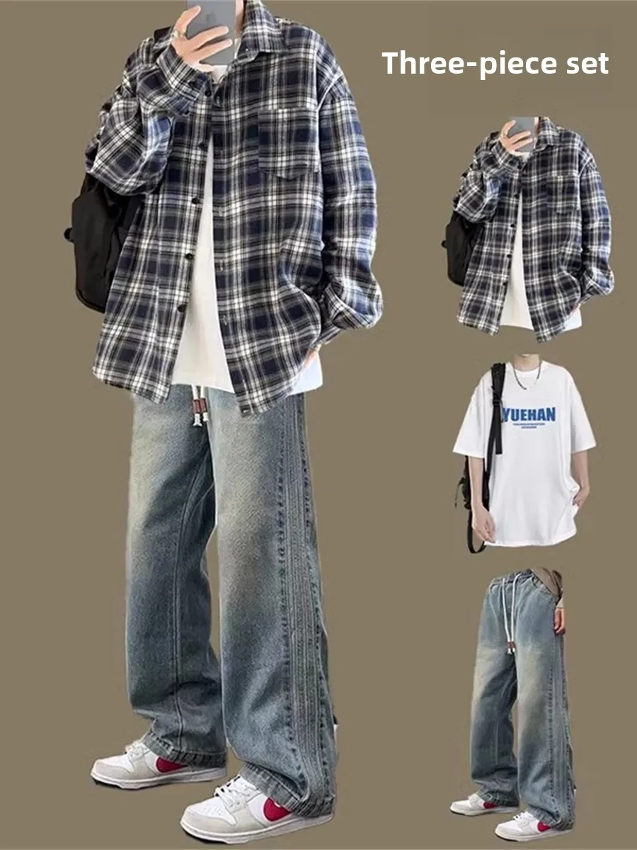 

Autumn Long Sve Plaid irt Men's Casual Loose Teenage Set Faion Brand Hong Kong Sle Cool And Haome Leisure Ensemble
