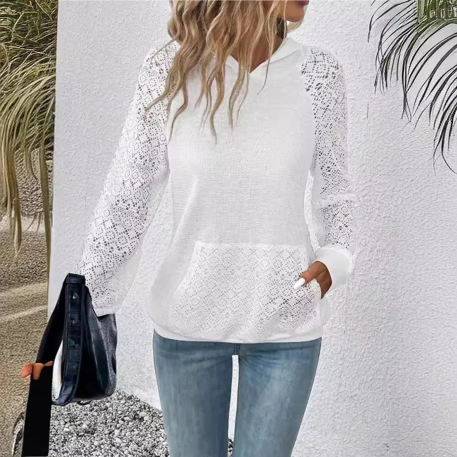 

2025 Spring Women's Hooded Sweatshirt Waffle Grace Hollow Long-sleeved Fashion Top Spliced pullover Street Hoodies for Women