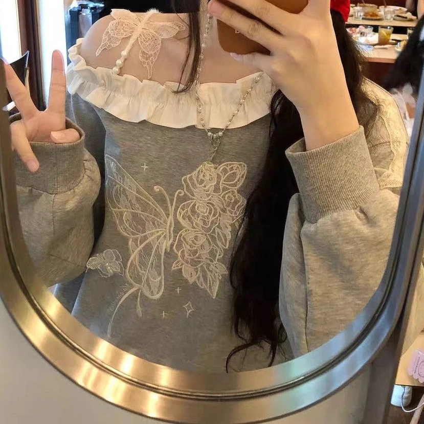 Off Shoulder Sweatshirt Ruffle Collar Lace Loose Soft Daily Wear Sweater Pullover Outfit 2025 Winter Fashion Female Fashion New view 6