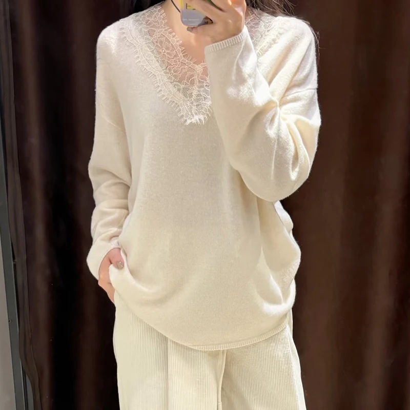Women's Sweater 2026 New Autumn Winter Long Sleeve Gentle Lace-Trim V-Neck Sweater for Women Personality Chic Women Pullover Top
