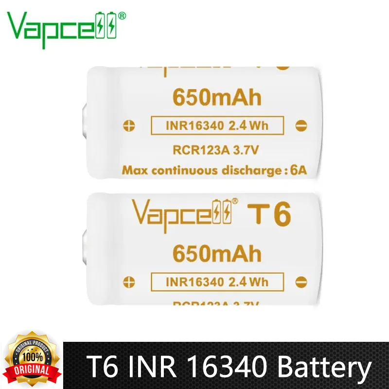

Оригинальный аккумулятор Vapcell T6 INR 16340, 650 мАч, 6 А, 3,7 В, кнопка, литий-ионные аккумуляторы для фонарика, электроинструменты, игрушки