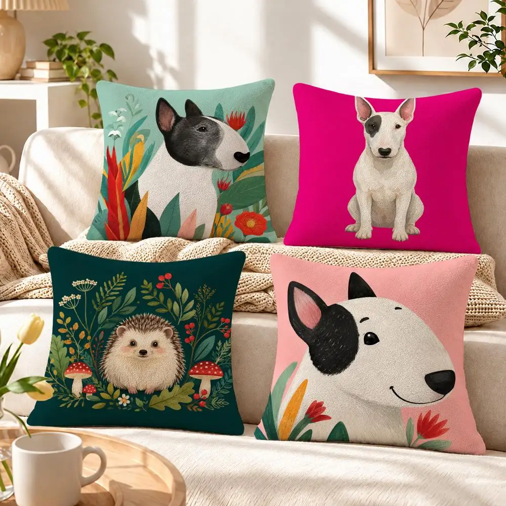 Art Cartoon Bull Terrier Series Cushion Cover Soft Short‑Plush Pillowcase, Decor for Sofa & Bedroom, Perfect Holiday Gif