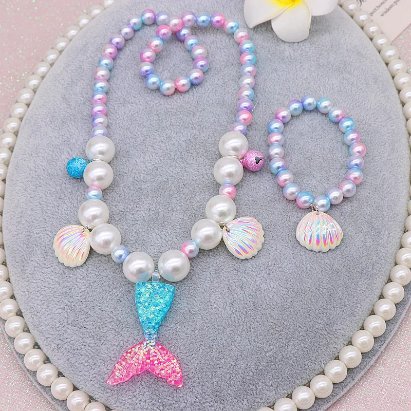 2/5pcs Girls Jewelry Sets Mermaid Pearl Necklace Bracelet Ring Earring Set Kids Toys Children Princess Fashion Accessories Girl