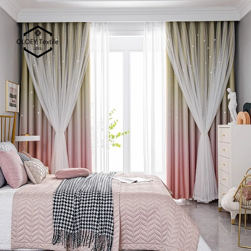 

New Nordic Double Layer Curtains Gradient Cloth Gauze Girls Heart Hollow Out Star Blackout Simple Modern Window Treatment Drapes