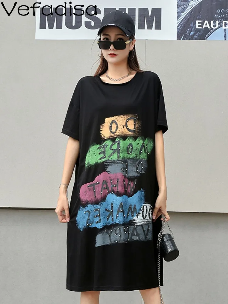 

Vefadisa2023 New Summer Black Dress Graffiti Letter Design Sense Hand Painted Loose Fit Short Sleeve Versatile Trendy Girl ZY641