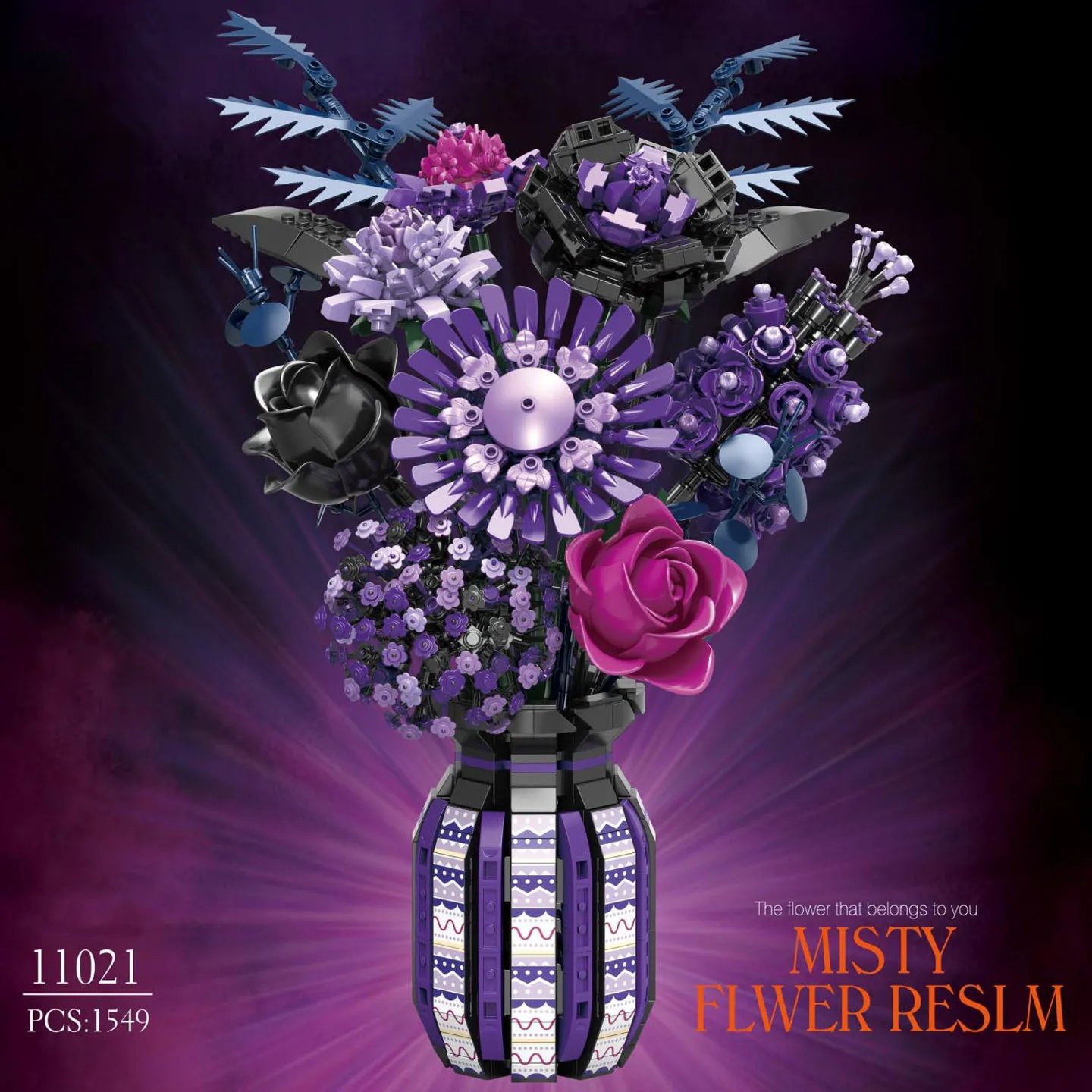 

Purple Rose Sunflower Building Blocks Set with Vase, Gothic DIY Botanical Model, Home Decor Gift for Women Birthday Christmas