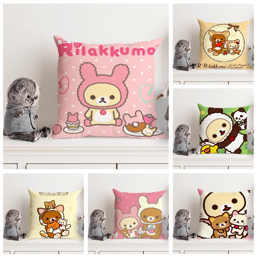 Cute Cartoon Anime Rilakkuma Pillow Case Double Sided Printed Cushion Cover Soft Short Plush Sofa Decorative Home Decoration