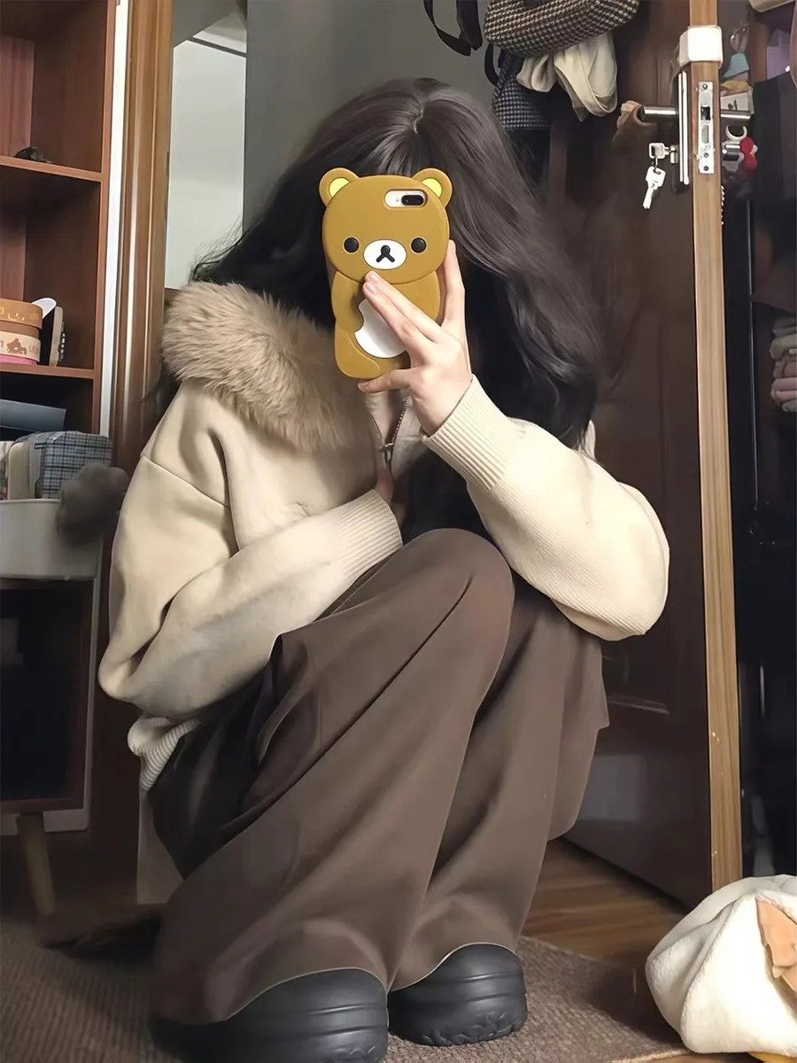 Coreano sle cáqui com capuz camisola de malha casaco feminino outono inverno macio aconchegante aberto cardigan grande gola de pele preguiçoso faion